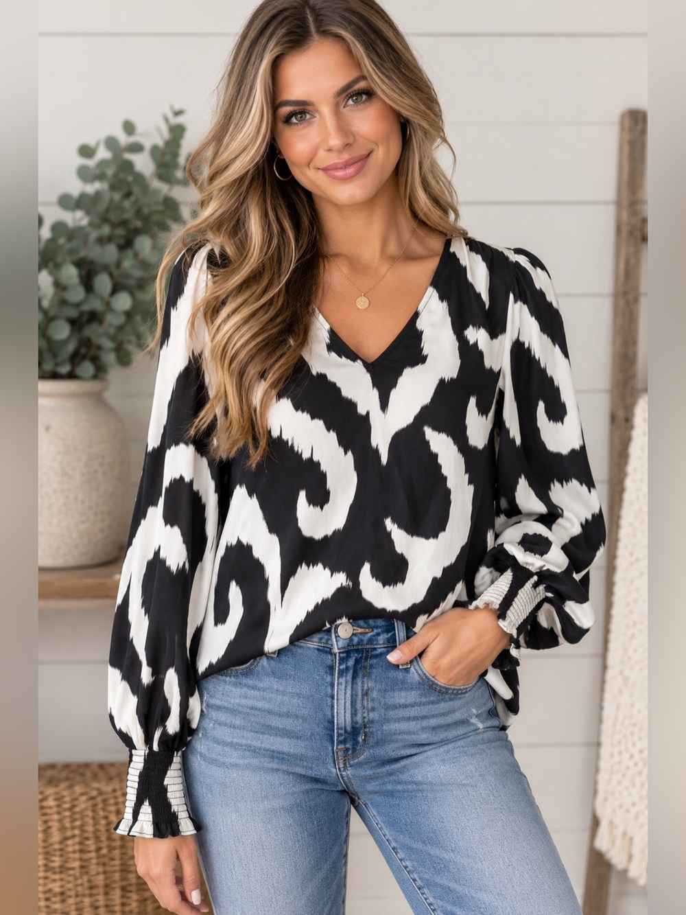 Express Ikat Print Smocked Cuff V-Neck Blouse - Size Small